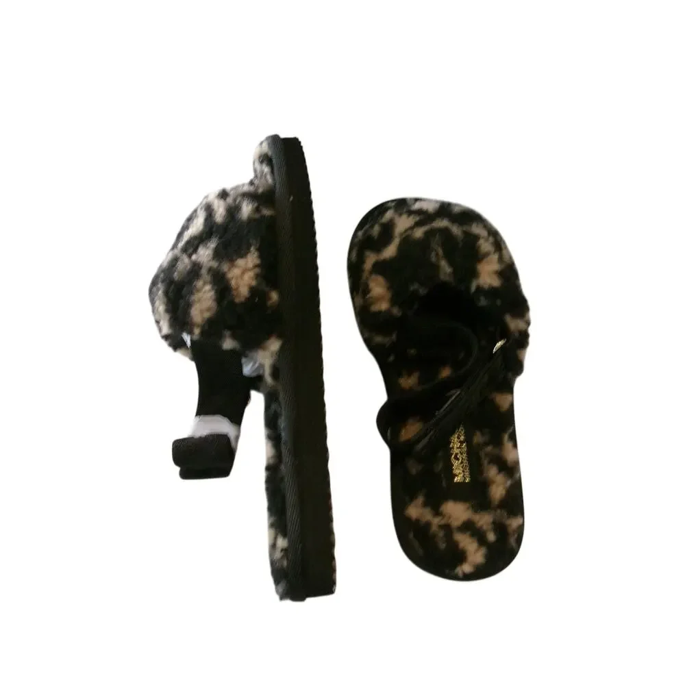 Michael Kors Juniper Faux Sherpa Slipper Slides Black Camel Women's 6M